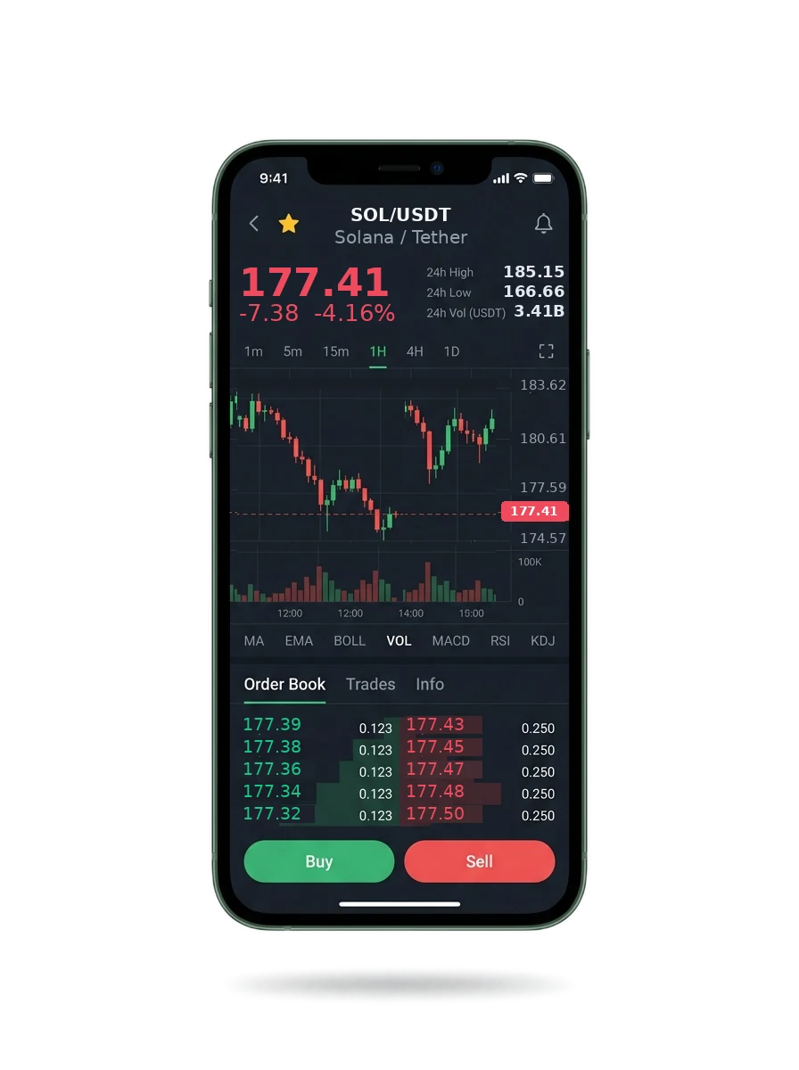 Veltron Axis — BTC/USDT live candlestick chart, order book and one-tap Buy/Sell on mobile